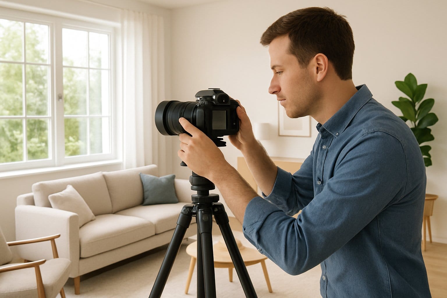 En fotograf som tar bilder av ett ljust och modernt vardagsrum med stora fönster och stilren inredning.